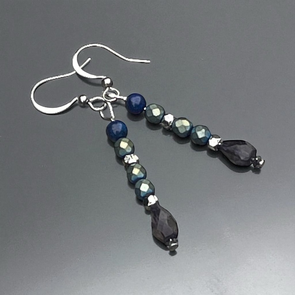 Handcrafted hematite, iolite & lapis Beaded Earrings - Picture 10 of 11